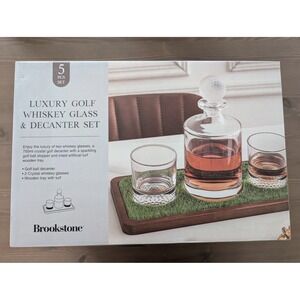 Brookstone Luxury Golf Whiskey Glass & Decanter Set 5pc 750ml Crystal Wood Tray
